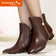 Red Dragonfly new genuine full leather women shoes winter fashion comfortable and versatile short tube coarse boots with