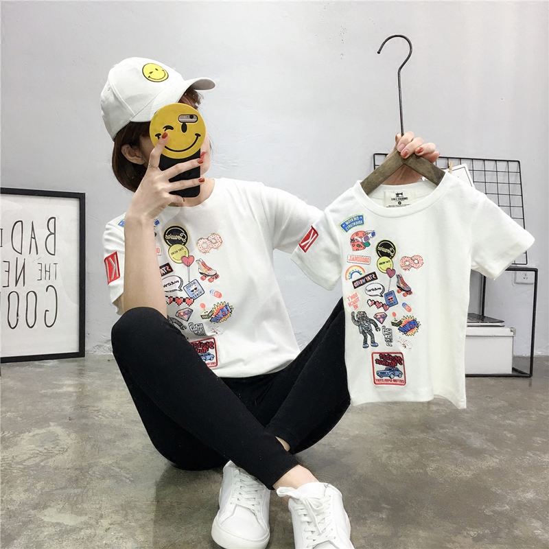 韩国东大门刺绣涂鸦印花一家三口亲子装短袖t恤家庭装情侣装童tee