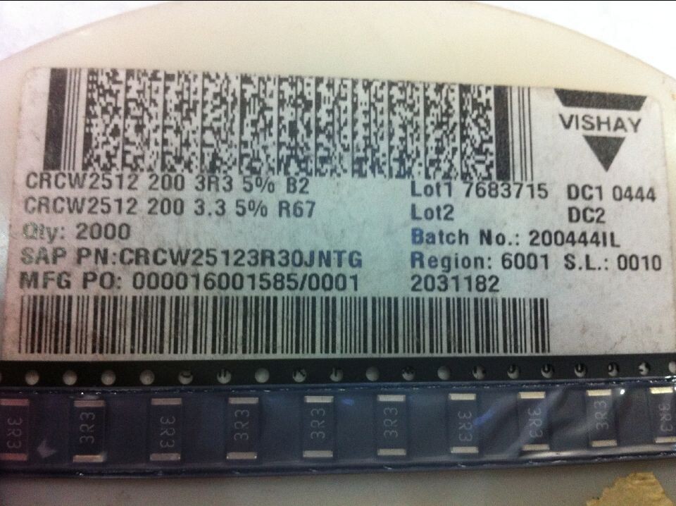 贴片电阻2512 3R3 3.3R 5% 200PPM 1W CRCW25123R30JNTG VISHAY