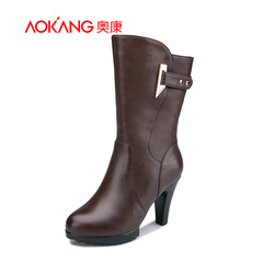 Aokang shoes in British fashion soft leather boots high round head warm waterproof casual boots