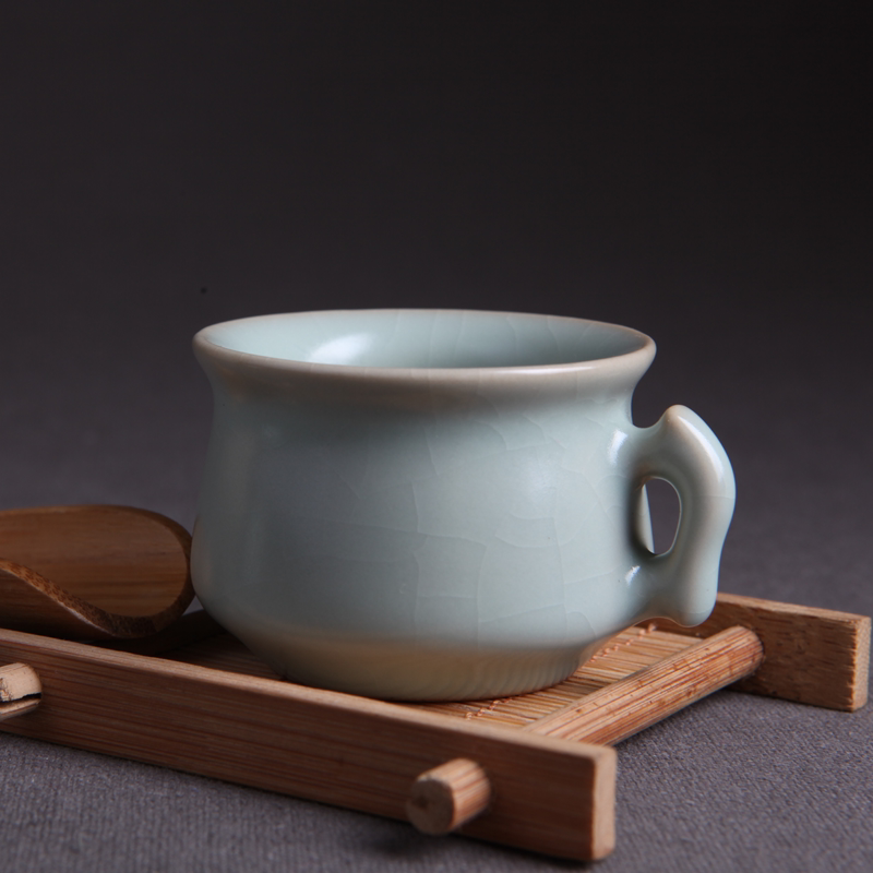 问鼎鼎峰汝窑 汝瓷 开片茶具 天青单耳 单鱼耳缸杯 品茗杯 茶杯