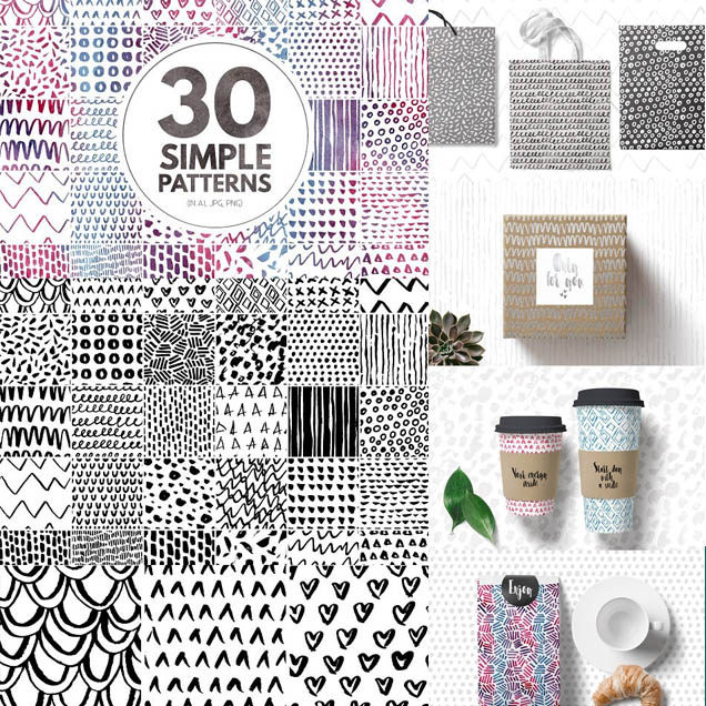 A1468矢量30张手绘风格几何涂鸦四方连续线条纹理图AI设计素材PNG