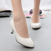四季 圆头高跟鞋 单根鞋 职业工作鞋 女细跟3 5cm礼仪白色浅口小皮鞋