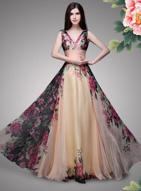 Europe elegant print dress women evening deep V long skirts