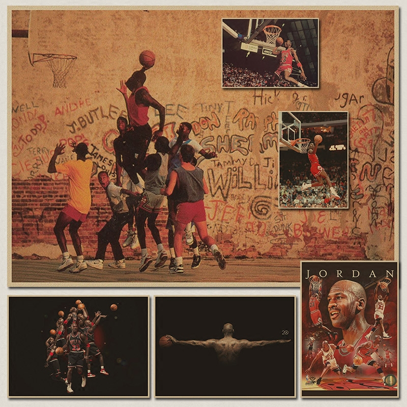 乔丹 篮球NBA体育明星 公牛队 灌篮 复古牛皮纸海报 装饰画贴挂画图片