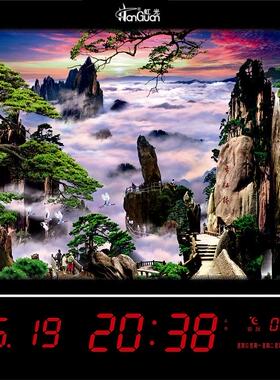 新品虹泰HT122  75迎客松 风景动画LED万年历电子钟表挂钟客厅