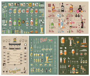 EPS 矢量设计素材 扁平化饮料酒水信息图啤酒咖啡鸡尾酒菜单模板