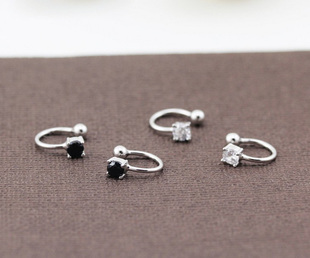 S925银简约黑曜石白水晶无痛无耳洞耳夹耳钉男女耳骨夹情侣版银饰