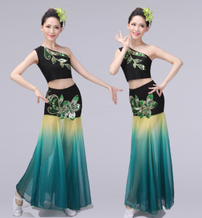 2015新款 女鱼尾裙儿童孔雀舞蹈服大摆裙 孔雀飞来傣族舞蹈演出服装