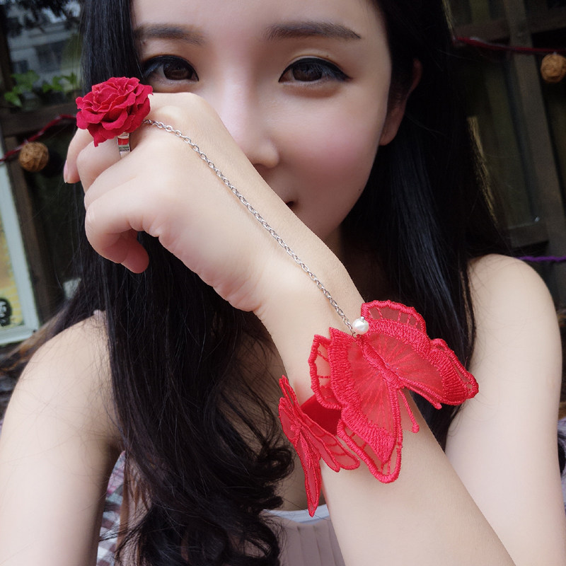 热卖饰品韩国蕾丝花朵简洁气质唯美舞会百搭手链夜店双蝴蝶手镯