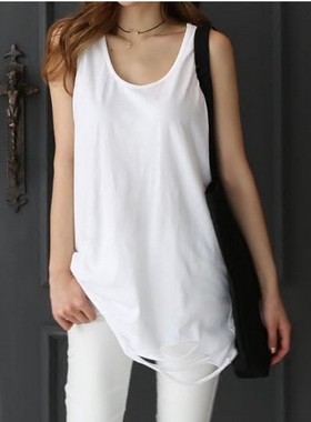 现货韩国东大门弹力打底衫背心纯色简约破洞百搭无袖T恤白色显瘦
