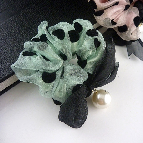 韩国进口发饰头饰 欧根纱大波点 蝴蝶结珍珠吊坠 发圈发绳头绳