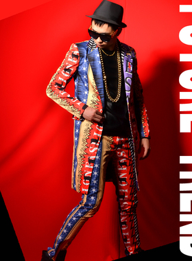 [独家]夜店男歌手DSDJ 舞台彩色中长西装大牌酒吧演出服 摇滚服饰