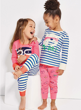 英国单NE*T 出口 纯棉蓝色条纹长袖T恤长裤 打底裤家居服睡衣裤套