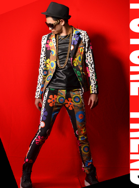 [独家]夜店男歌手DSDJ权志龙GD彩色花朵西装大牌酒吧演出服配饰