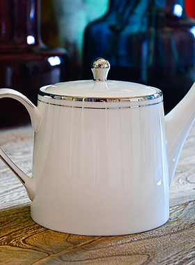 midi定制0.9L双银线纯白高骨瓷白金红茶下午茶壶咖啡壶过滤孔商务