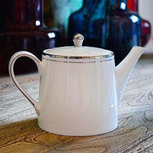 midi定制0.9L双银线纯白高骨瓷白金红茶下午茶壶咖啡壶过滤孔商务