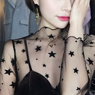 如诗蓝网纱透视衣蕾丝打底衫网状内搭性感网格上衣长袖黑色内衣