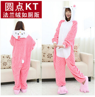 圆点KT猫卡通动物连体睡衣男女情侣法拉绒如厕onesie套装表演化妆