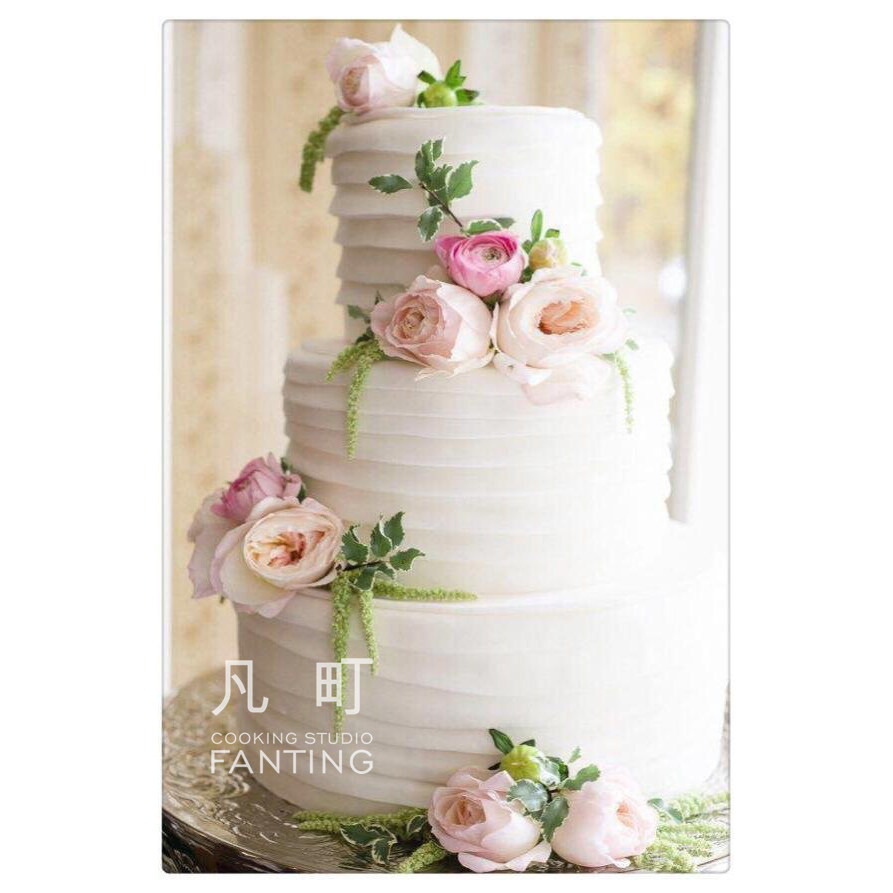 凡町-粉玫瑰花裸蛋糕-三层婚礼蛋糕 乳脂生日蛋糕 甜品桌纸杯上海