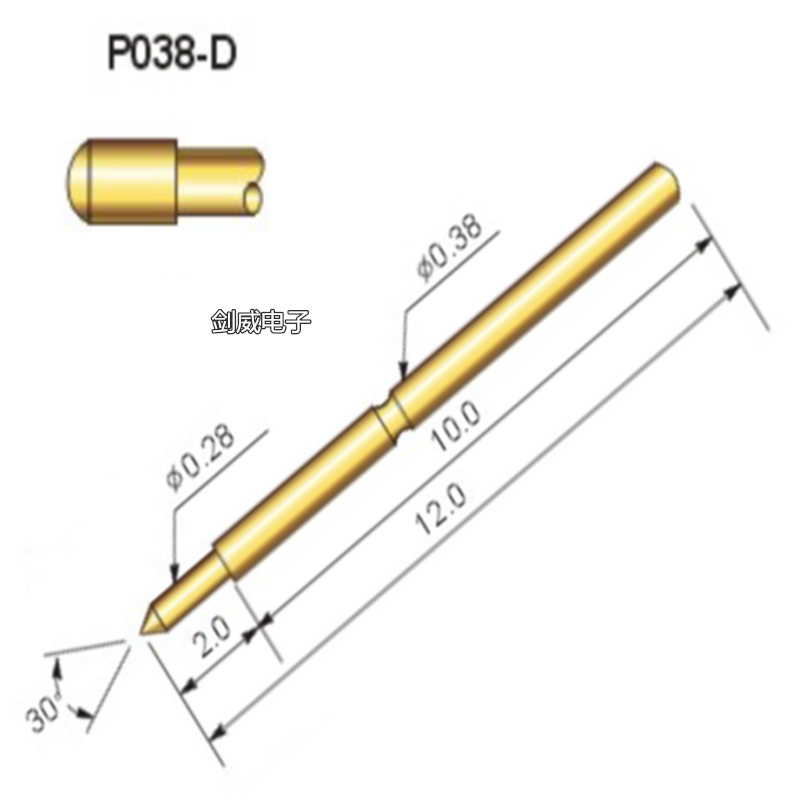 华荣探针P038-D(圆头) 测试针,总长12mm,针管直径