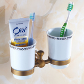 情侣杯 漱口杯套装 中式 创意印花陶瓷杯 全铜欧式 新款 仿古双杯架