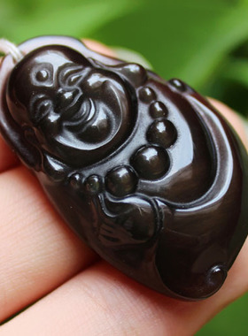 天然冰种彩虹眼黑曜石佛珠链吊坠