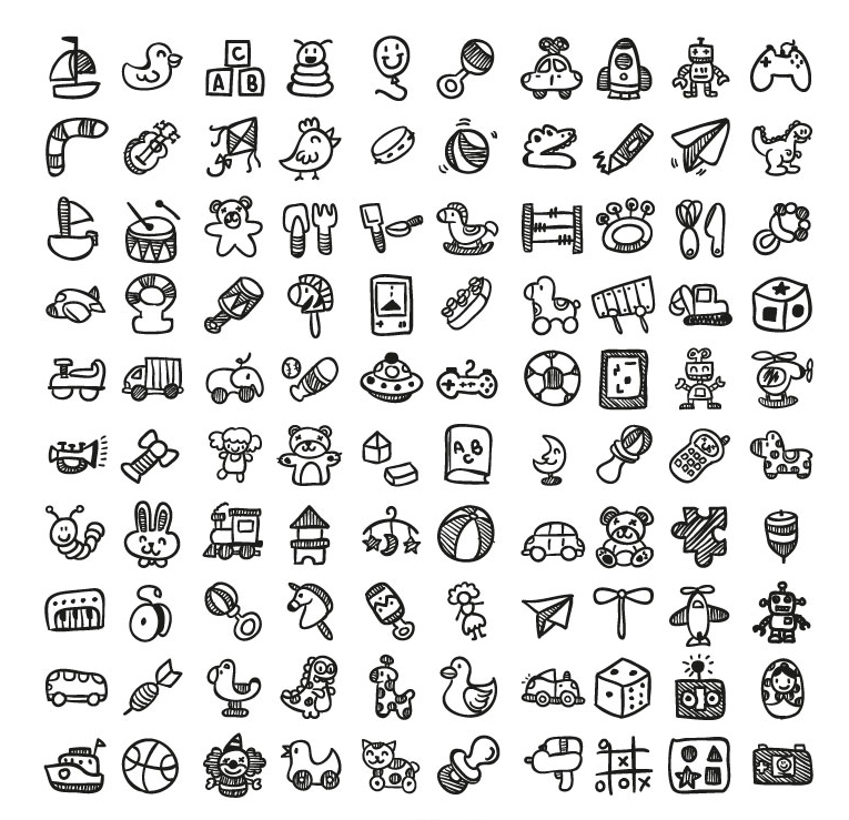 100款手绘儿童玩具ai矢量素材 线描小孩子玩具元素图标 设计素材