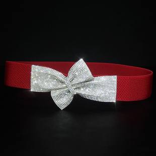 2025百搭双层蝴蝶结松紧腰带腰封士女窄腰带皮带装 饰细皮带水钻带