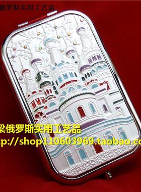 Z2俄罗斯金属双面折叠化妆镜子长方形大号镶钻银白色飞花城堡