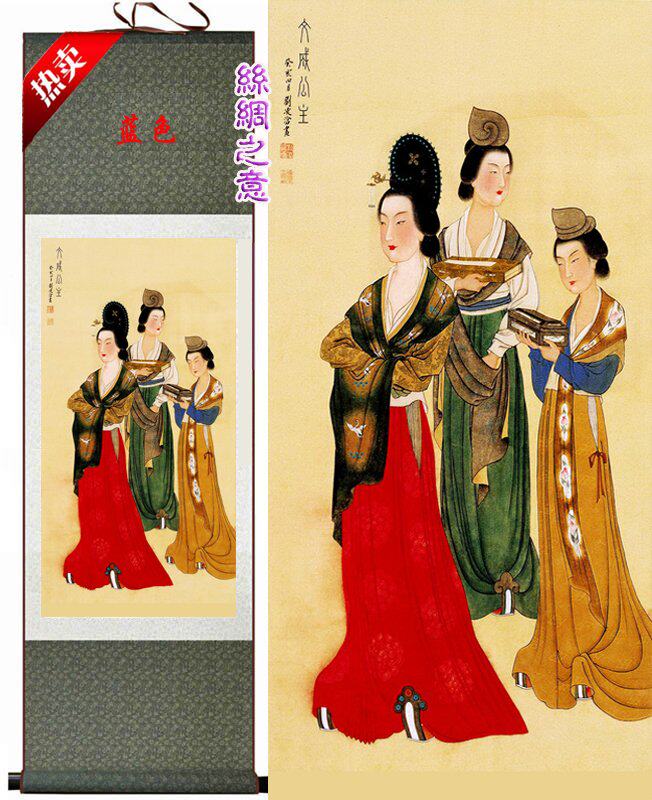 丝绸卷轴画文成公主人物仿古中国彩墨画仕女图唐朝女子装饰画