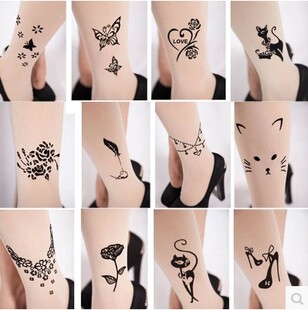 刺绣图案提花丝袜网红ins纹身连裤袜夏季蝴蝶玫瑰花纹带图案薄款