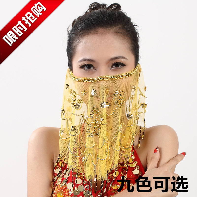 肚皮舞表演三层绣花面纱配饰  印度舞埃及舞高档演出网布面纱