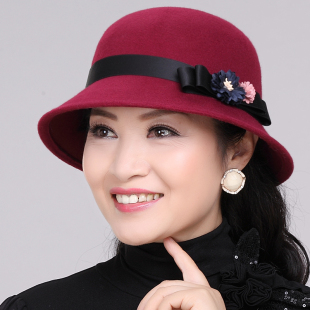 春秋中老年帽子女 冬季中年女士礼帽 兔毛花朵妈妈帽 老年人女帽