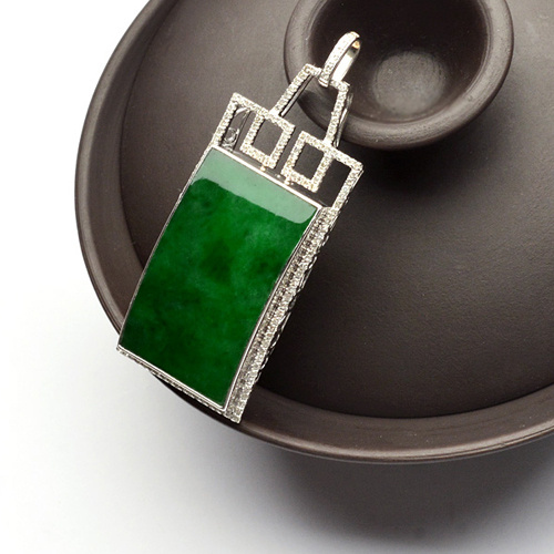 缅甸天然翡翠A货花青满绿方牌吊坠18K玫瑰金镶玉吊坠白金镶钻吊坠