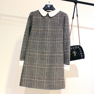 打底娃娃领大码毛呢A字连衣裙