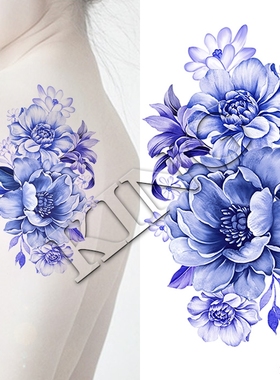 KING纹身贴 包邮防水持久女 蓝色牡丹花 遮疤痕 臂贴古装影楼写真