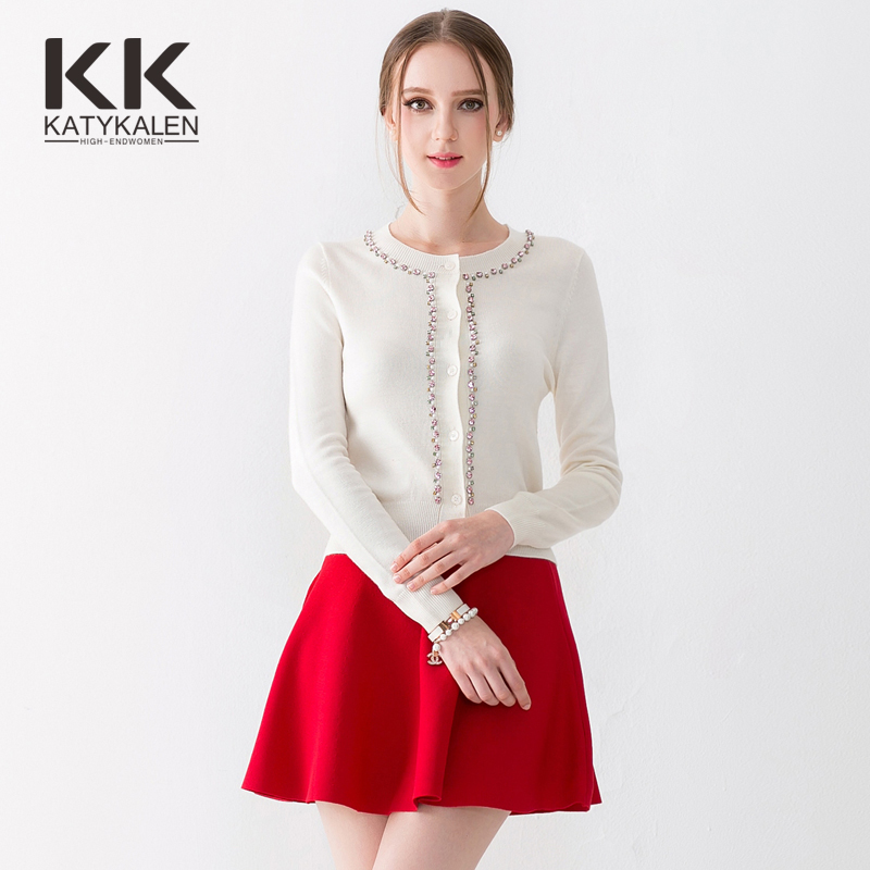 Hitz ladies diamond blue color pink round neck short -sleeved sweater cardigan sweater coat women