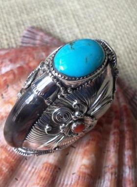 泰国镶嵌天然朋克风戒指手工银