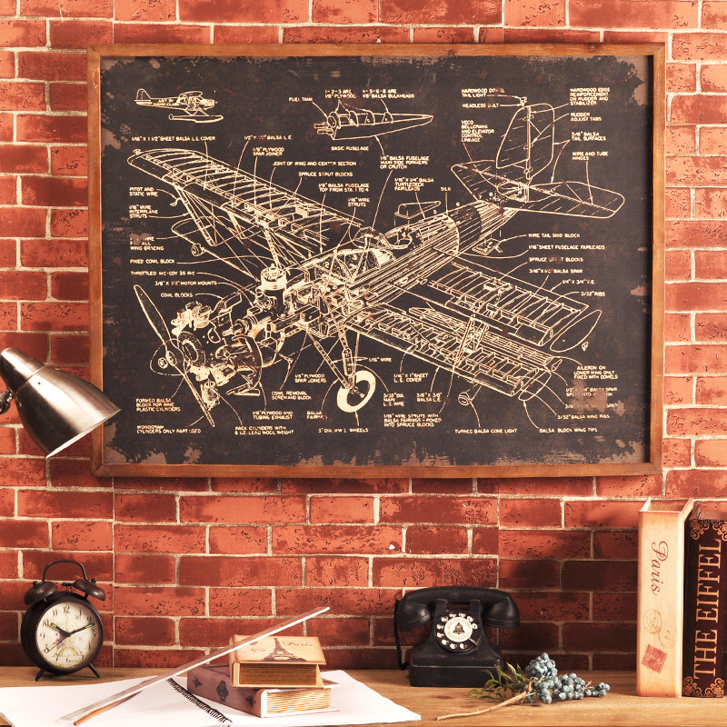 复古工业元素飞机零件大爆炸图黑板模型壁挂壁饰墙饰挂画欧美墙画