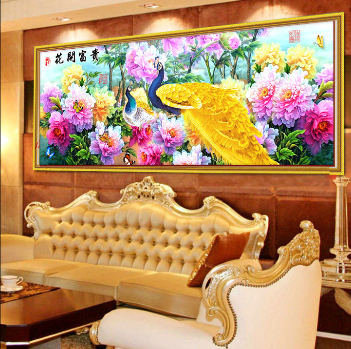 新款沙发背景墙魔方钻满钻粘贴钻石画点钻十字绣花开富贵金孔雀