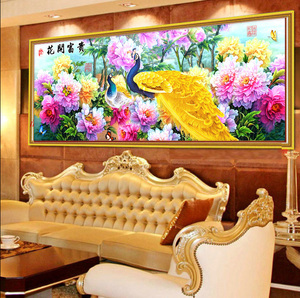 新款沙发背景墙魔方钻满钻粘贴钻石画点钻十字绣花开富贵金孔雀