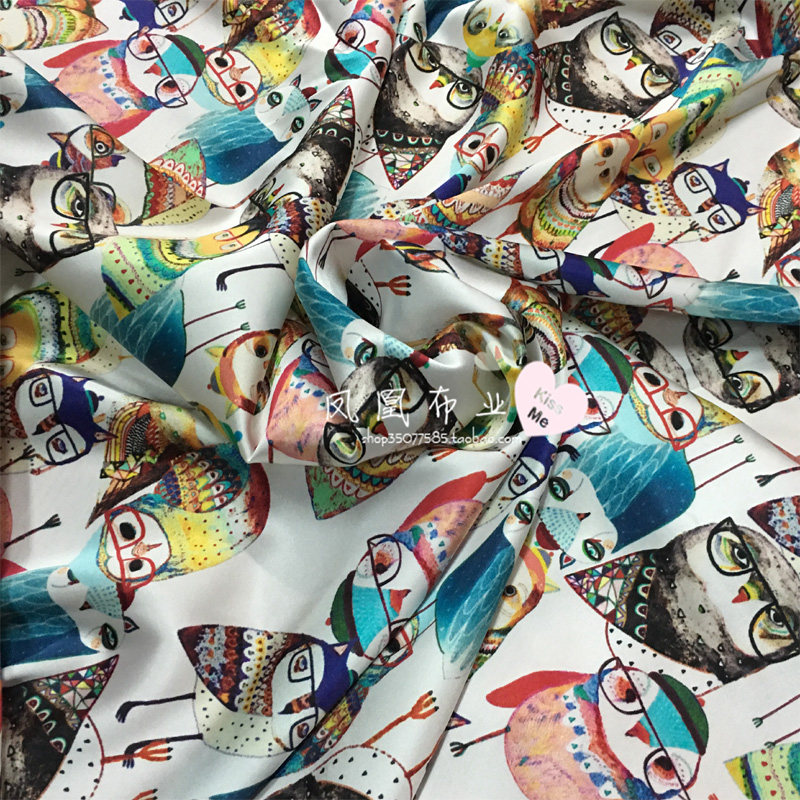 印花19姆米卡通猫头鹰真丝布料面料桑蚕丝弹力缎服装料连衣裙旗袍