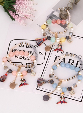 甜美风流苏串珠卡通双层首饰品