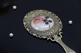 化妆镜子 手柄便携镜 梳妆镜子 手镜 韩国进口复古玫瑰把手铜镜