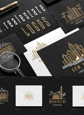 A1915矢量扁平化美国城市建筑LOGO纽约洛杉矶华盛顿 AI设计素材