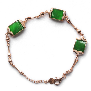 通灵缅甸天然老坑翡翠满绿方牌手链A货镶钻18K玫瑰金镶玉玉手链