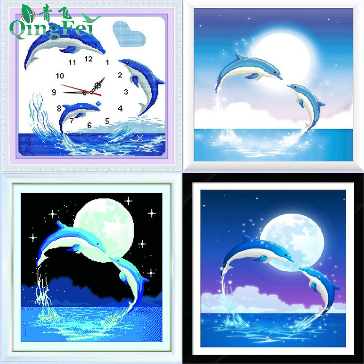 青飞5d精准印布月光海豚十字绣蓝色天地海豚湾之恋钟表有钻石画