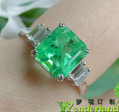 天然哥伦比亚祖母绿彩色宝石方形戒指环18K白金钻石豪华群镶现货