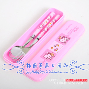 韩国进口 Hello Kitty儿童便携不锈钢叉子勺子套装 八棱手柄款